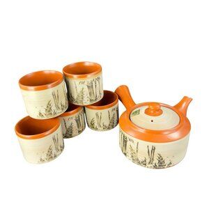 Vintage Japanese Tajimi RedWare Tea Coffee Set Teapot 5 Cups Ceramic Japan VTG